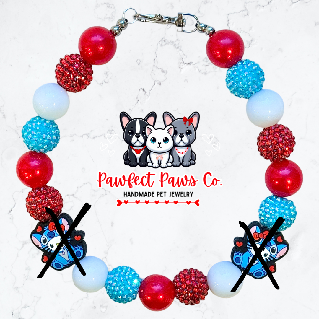 Hello Stitch Love* White, Blue & Red Sparkle Valentines Day Custom Beaded Dog/Cat Necklace!