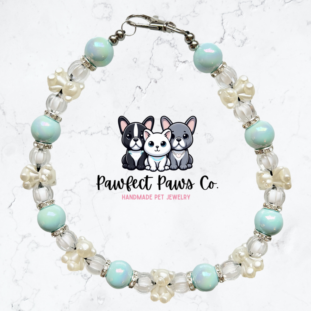 Cutesy Glam* Blue Pearl Teddy Bear Luxury Sparkle Custom Beaded Dog/Cat Collar Necklace!