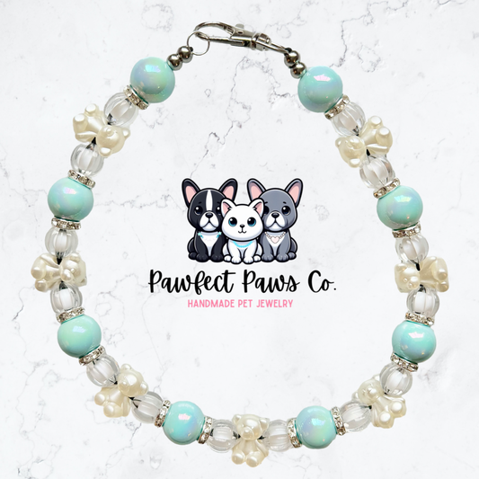 Cutesy Glam* Blue Pearl Teddy Bear Luxury Sparkle Custom Beaded Dog/Cat Collar Necklace!