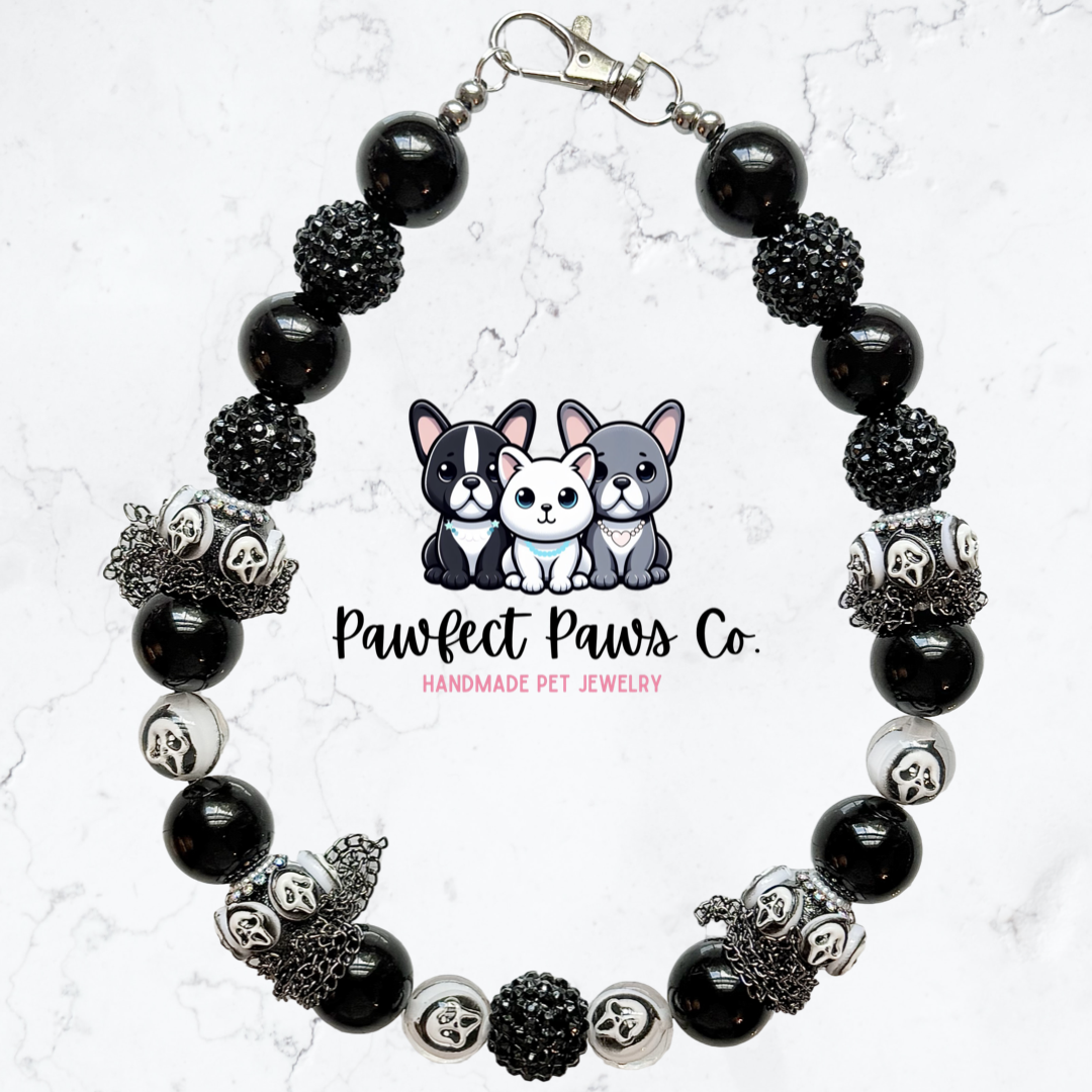 Ghost Face Glam* Black & Silver Luxury Sparkle Custom Beaded Dog/Cat Collar Necklace!