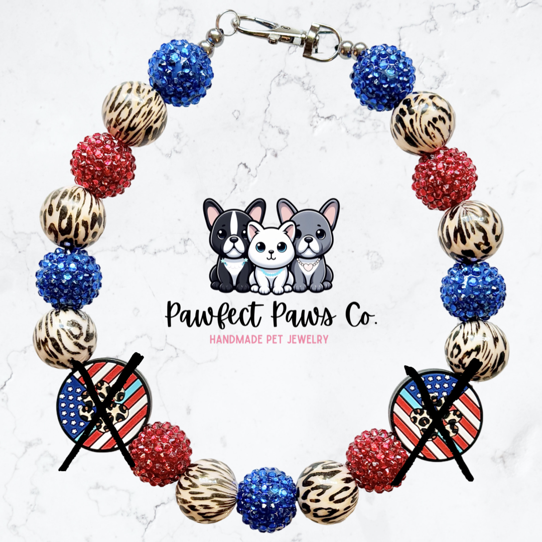 Wild Pawtriot* Red, White & Blue Leopard Sparkle Patriotic Beaded Dog/Cat Necklace!
