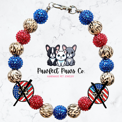Wild Pawtriot* Red, White & Blue Leopard Sparkle Patriotic Beaded Dog/Cat Necklace!