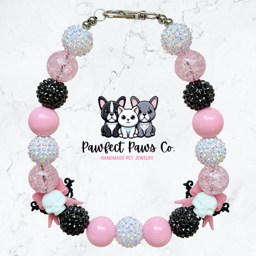 Eternal Love* Pink & Black Sparkle Skull Valentines Day Custom Beaded Dog/Cat Necklace!