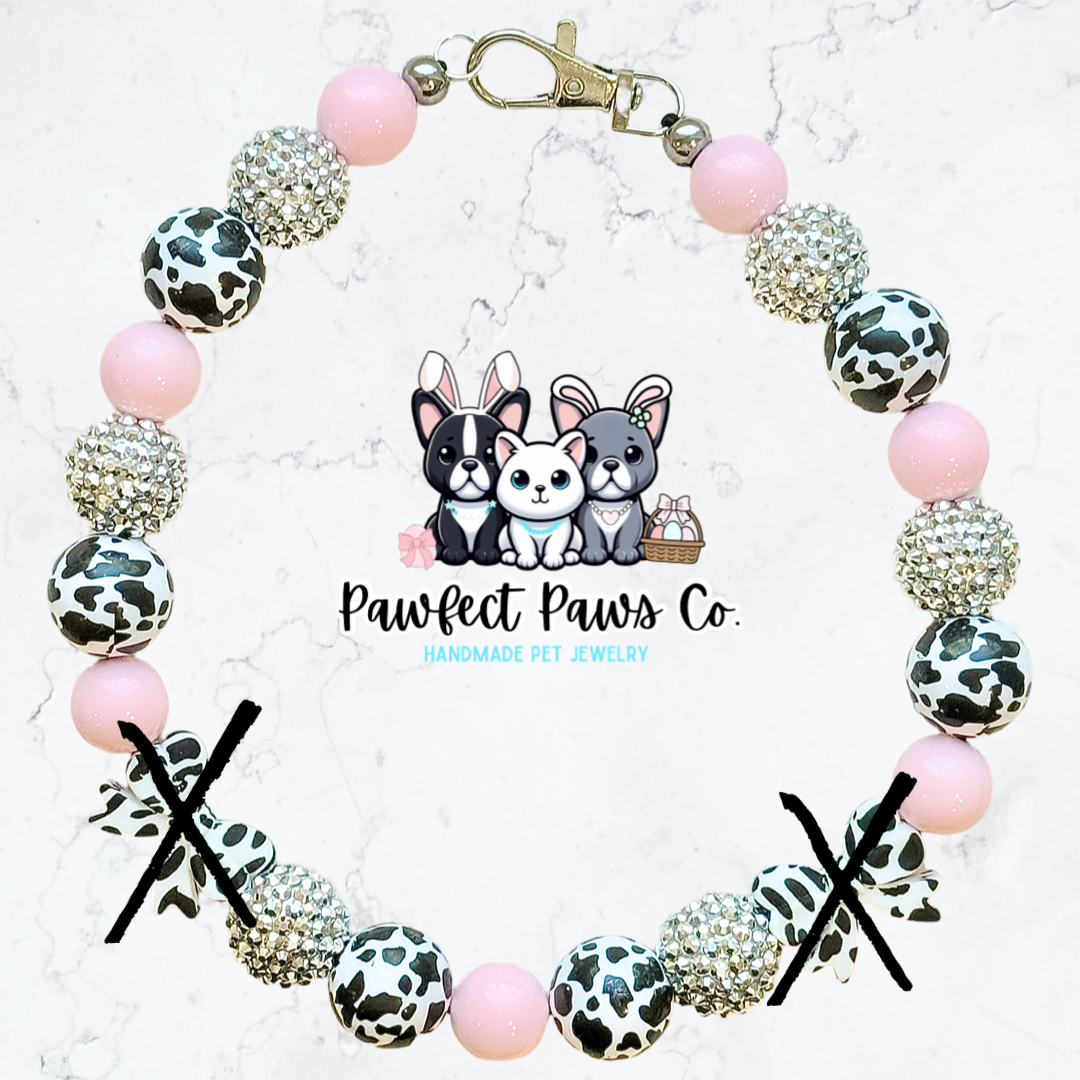 Strawberry Moo* Pink & Silver Sparkle Cow Printed Bow Custom Beaded Dog/Cat Necklace!
