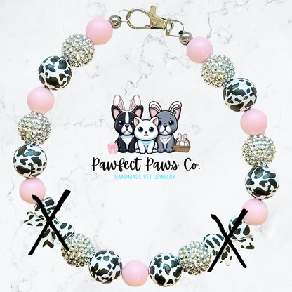 Strawberry Moo* Pink & Silver Sparkle Cow Printed Bow Custom Beaded Dog/Cat Necklace!