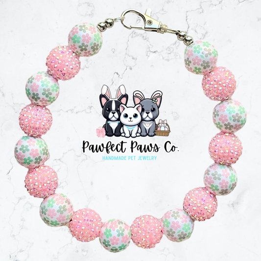 In Full Bloom* Pink Sparkle & Flowers Spring/Easter Custom Beaded Dog/Cat Necklace!