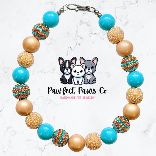 Saint Tropez* Tan, Blue & Gold Sparkle Custom Beaded Dog/Cat Necklace!