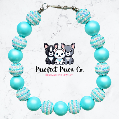 Cotton Candy Breeze* Teal & White Sparkle Custom Beaded Dog/Cat Necklace!