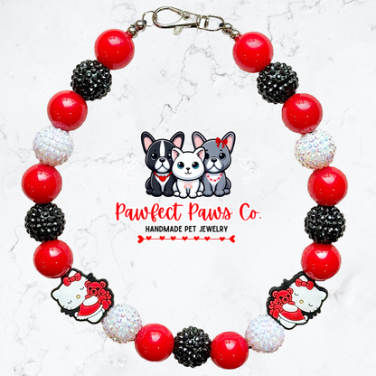 Hello Pretty* Red, White & Black Sparkle Valentines Day Hello Kitty Custom Beaded Dog/Cat Necklace!
