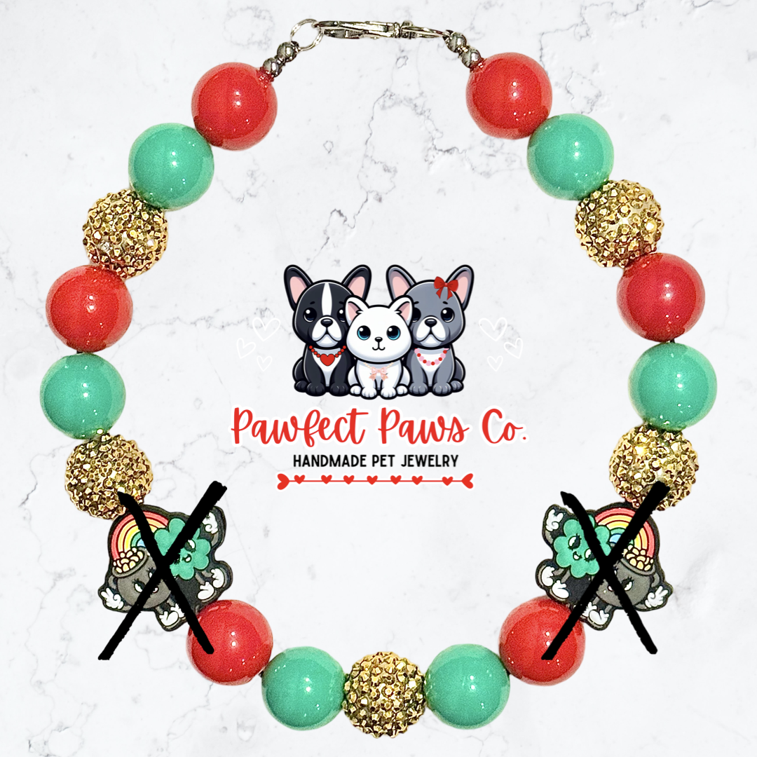 Paws of Gold* Green, Red & Gold Sparkle St. Patrick’s Day Custom Beaded Dog/Cat Necklace!