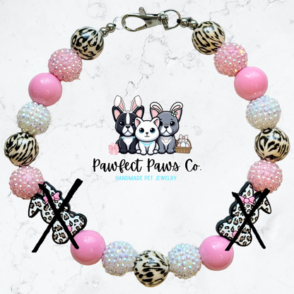 Jungle Bunny* Pink & White Sparkle Leopard Easter/Spring Custom Beaded Dog/Cat Necklace!