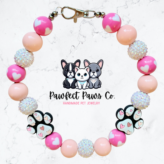 Pawlentine* Pink & White Sparkle Paw Custom Beaded Dog/Cat Necklace!