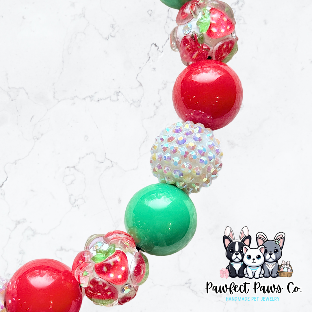 Berry Cute* Red, Green & White Sparkle Strawberry Custom Beaded Dog/Cat Collar Necklace!