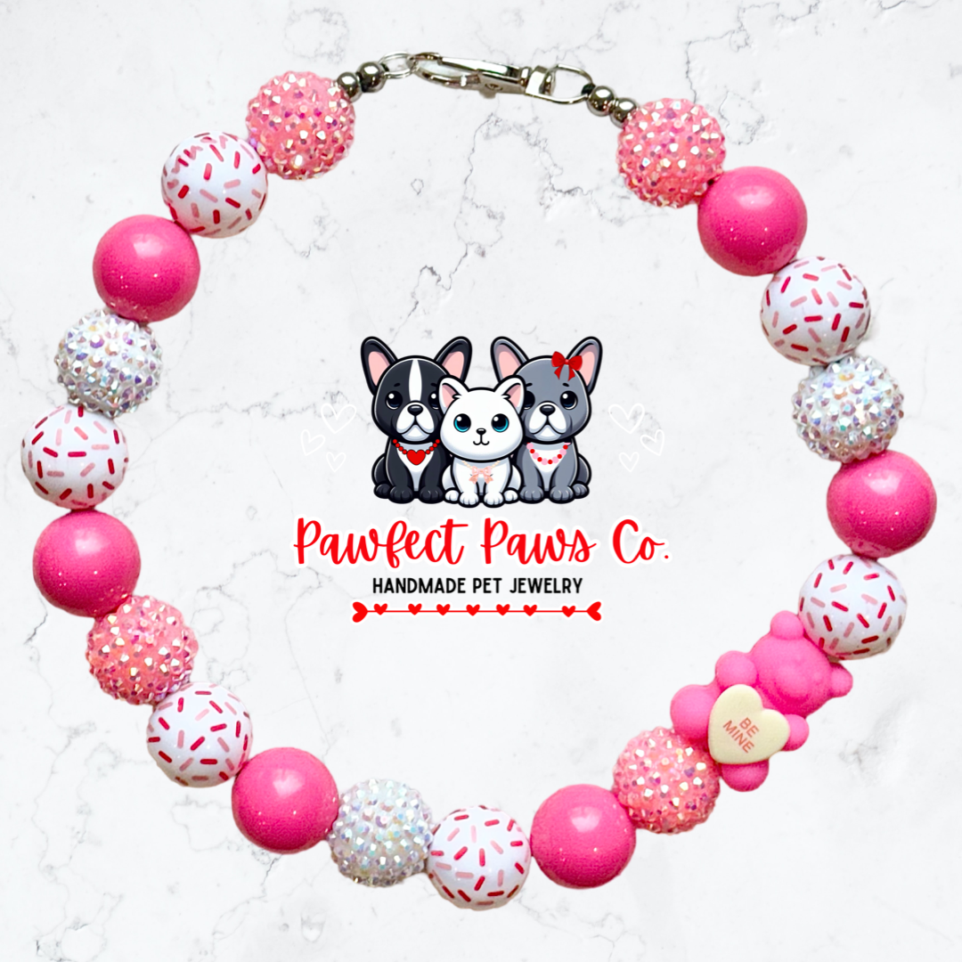 Beary Sweet* Pink & White Sparkle Valentines Day Gummy Bear Custom Beaded Dog/Cat Necklace!