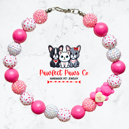 Beary Sweet* Pink & White Sparkle Valentines Day Gummy Bear Custom Beaded Dog/Cat Necklace!