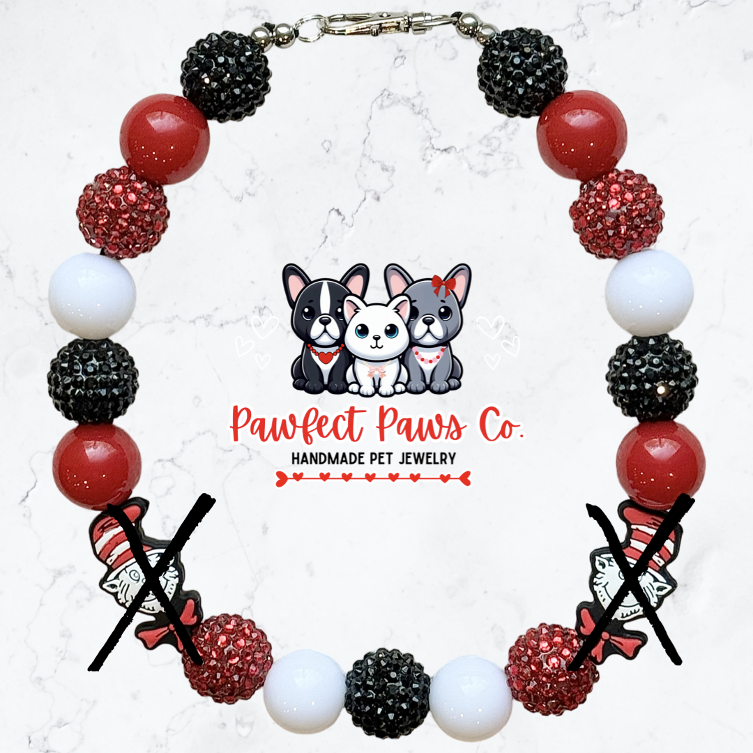 Seuss Sparkle* White, Red & Black Sparkle Dr. Seuss Cat in the Hat Custom Beaded Dog/Cat Necklace!