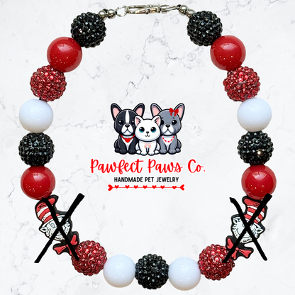 Seuss Sparkle* White, Red & Black Sparkle Dr. Seuss Cat in the Hat Custom Beaded Dog/Cat Necklace!