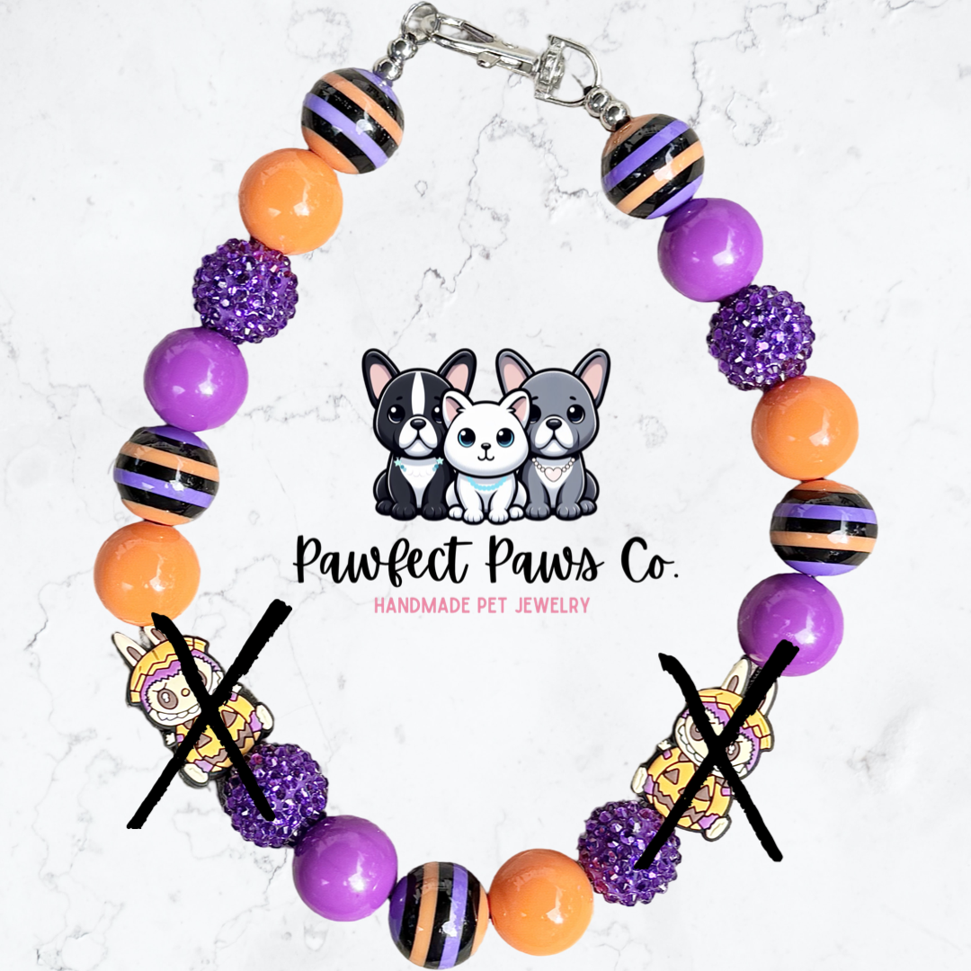 PumpkinBubu* Purple & Orange Sparkle Labubu Halloween Custom Beaded Dog/Cat Necklace!