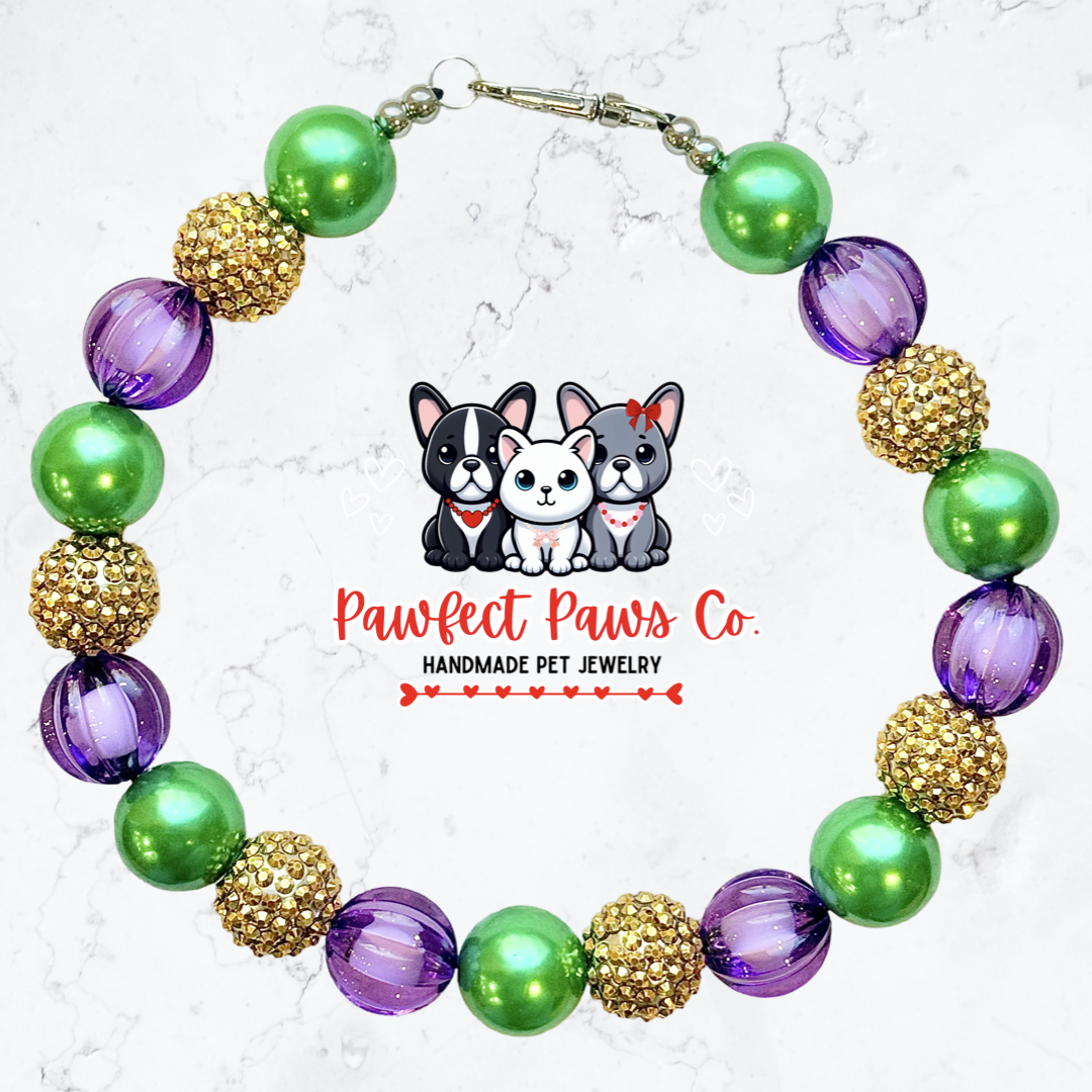 NOLA Nights* Green, Purple & Gold Sparkle Mardi Gras Custom Beaded Dog/Cat Collar Necklace!