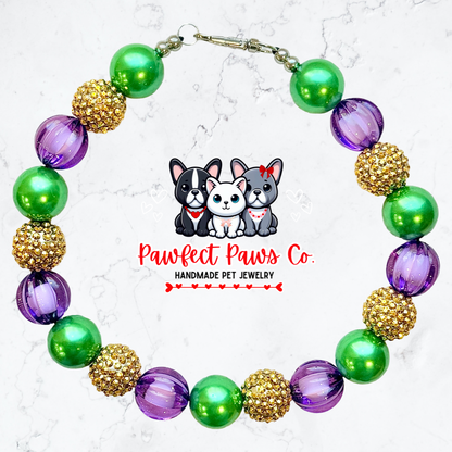 NOLA Nights* Green, Purple & Gold Sparkle Mardi Gras Custom Beaded Dog/Cat Collar Necklace!
