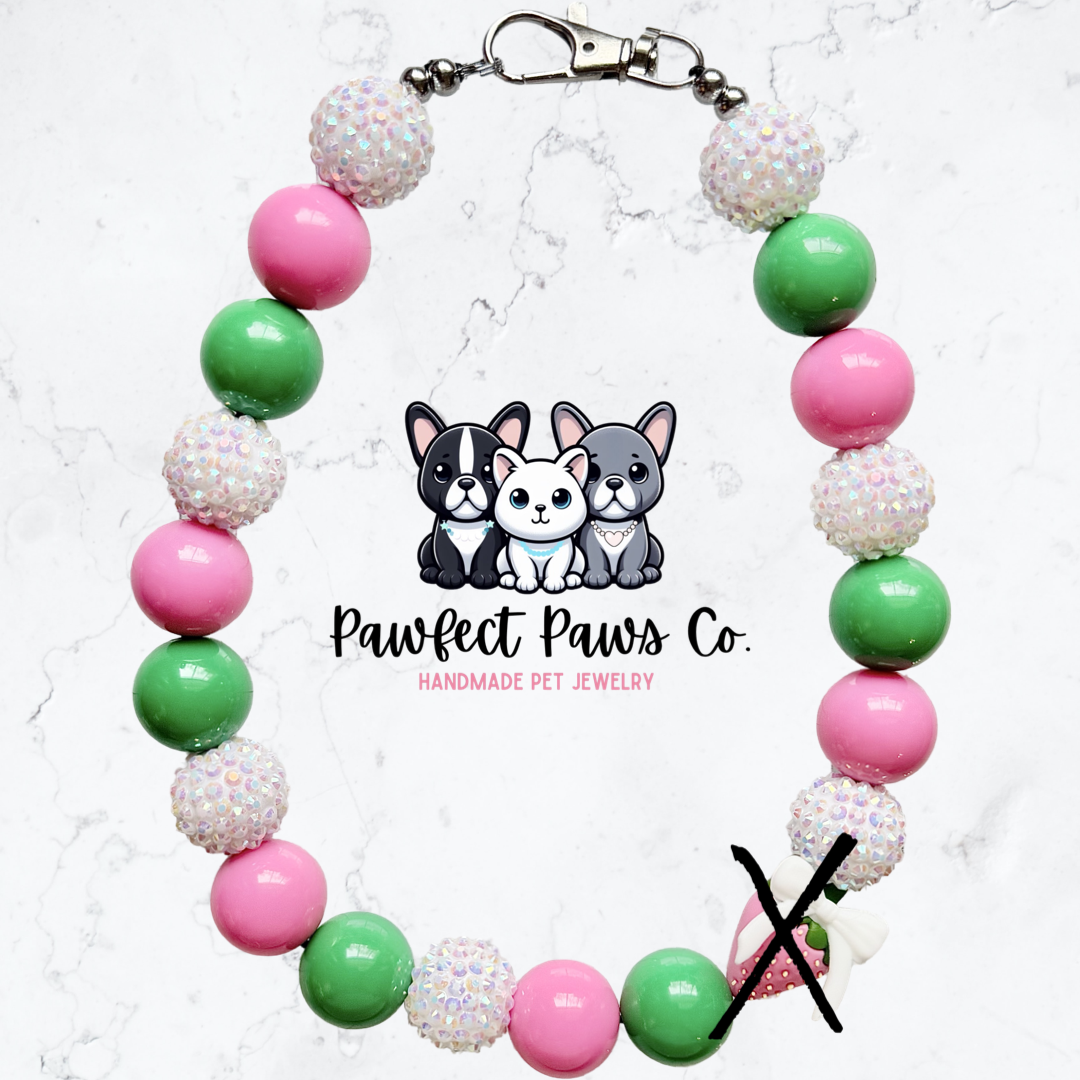 Berry Lovely* Pink, Green & White Sparkle Coquette Fruit Custom Beaded Dog/Cat Necklace!