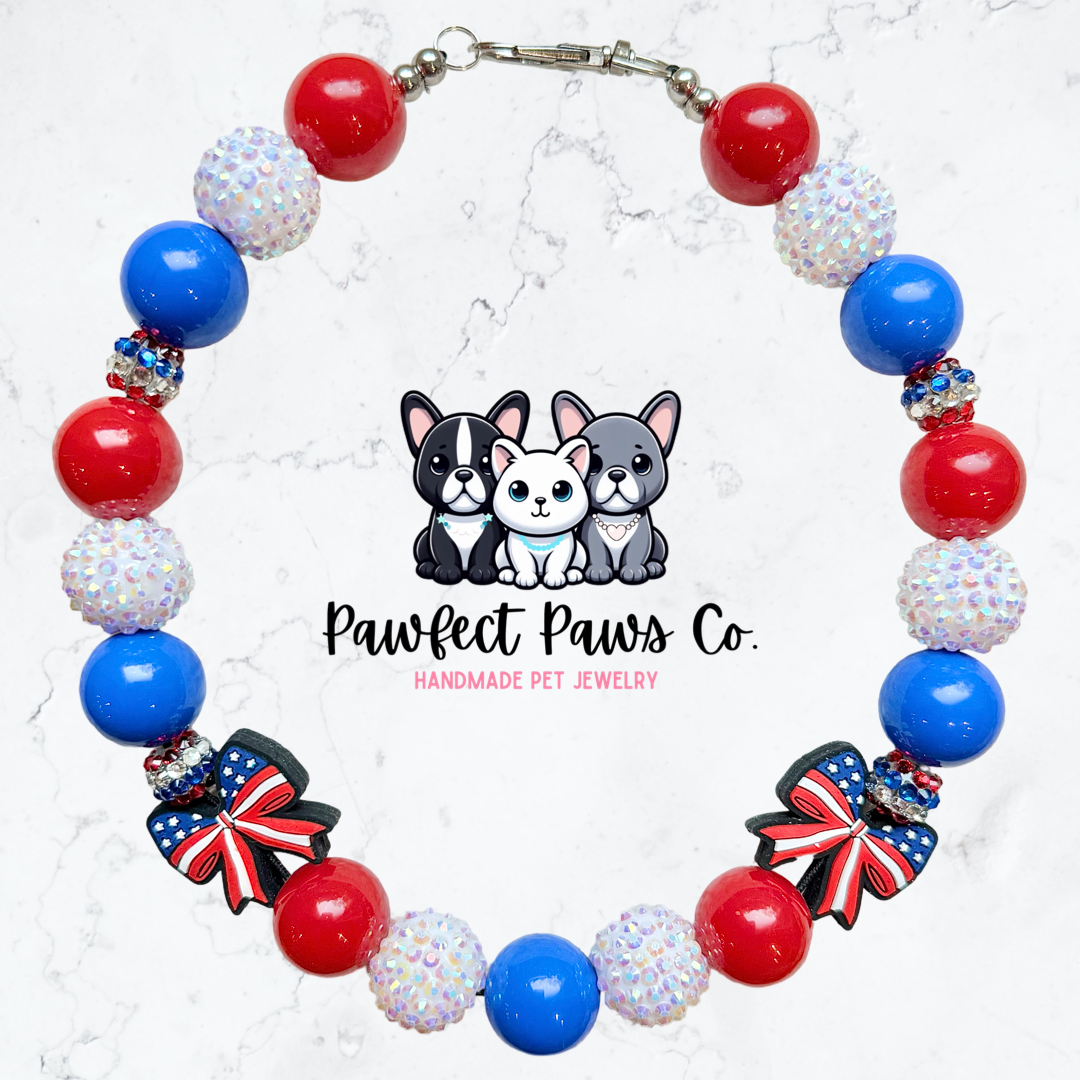 In Bows We Trust* Red, White & Blue Sparkle Patriotic Beaded Dog/Cat Necklace!