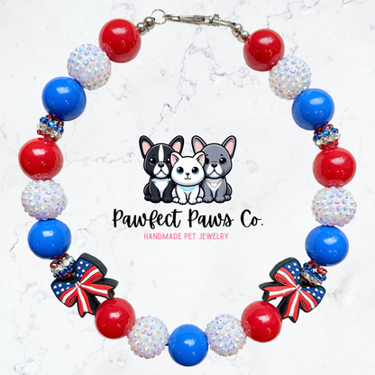 In Bows We Trust* Red, White & Blue Sparkle Patriotic Beaded Dog/Cat Necklace!