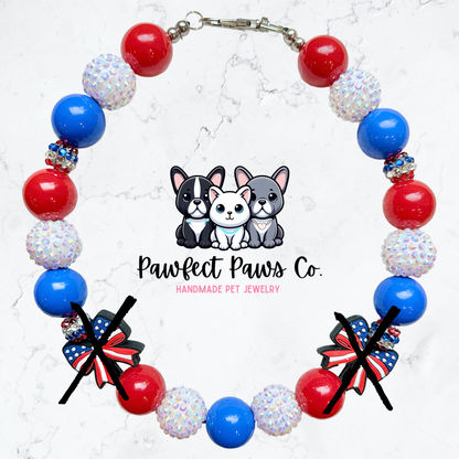 In Bows We Trust* Red, White & Blue Sparkle Patriotic Beaded Dog/Cat Necklace!