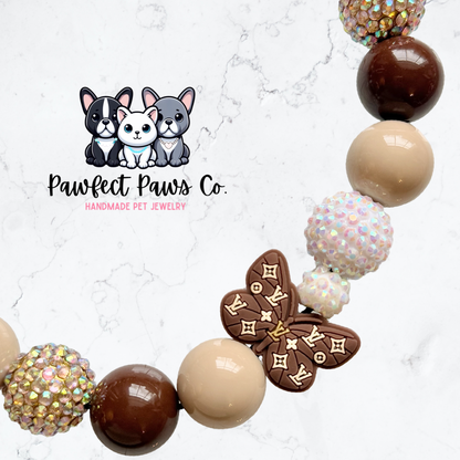 Boujee Butterfly* Brown, White & Gold Sparkle Custom Beaded Dog/Cat Necklace!