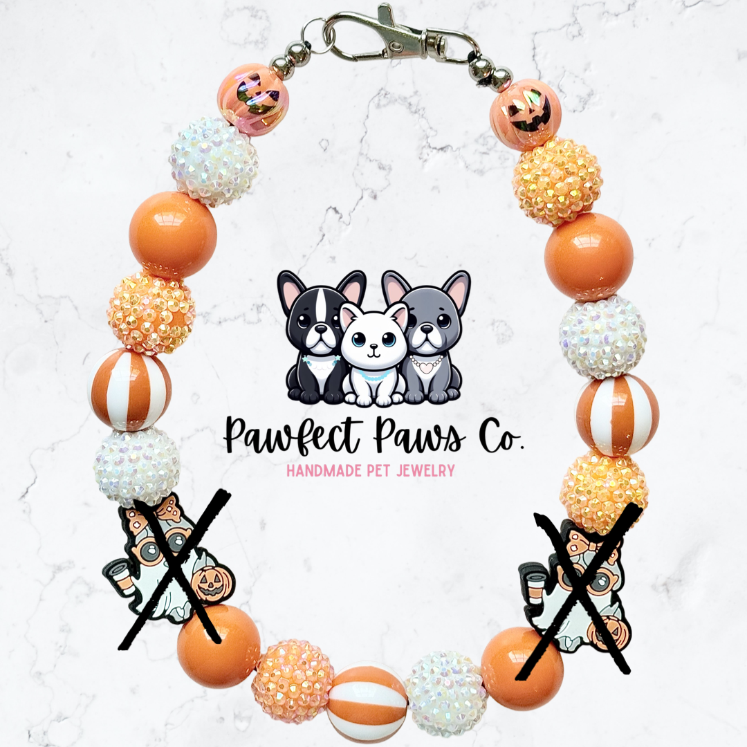 Basic Ghouly* Orange & White Sparkle Ghost Custom Beaded Dog/Cat Necklace!
