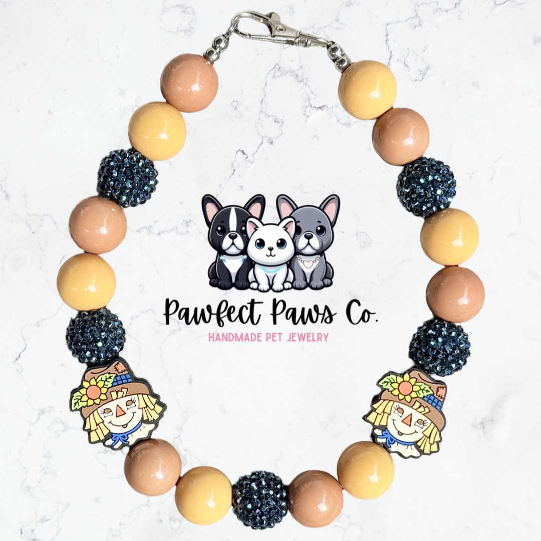 Cornfield Cutie* Tan & Navy Sparkle Scarecrow Custom Beaded Dog/Cat Necklace!