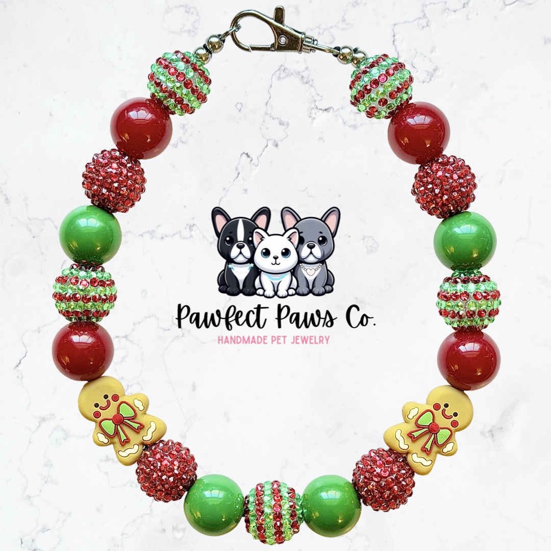 Gingerpaws Lane* Red & Green Sparkle Gingerbread Custom Beaded Dog/Cat Necklace!