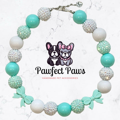 Breakfast at Sniffany's* Teal & White Luxury Sparkle Valentine's Day Bow Custom Beaded Dog/Cat Collar Necklace!