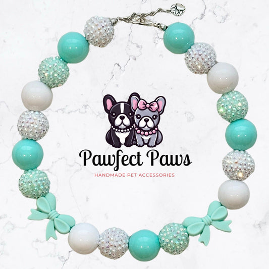 Breakfast at Sniffany's* Teal & White Luxury Sparkle Valentine's Day Bow Custom Beaded Dog/Cat Collar Necklace!