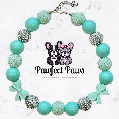 Breakfast at Sniffany's* Teal & White Luxury Sparkle Valentine's Day Bow Custom Beaded Dog/Cat Collar Necklace!