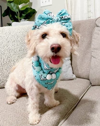 Breakfast at Sniffany's* Teal & White Luxury Sparkle Valentine's Day Bow Custom Beaded Dog/Cat Collar Necklace!
