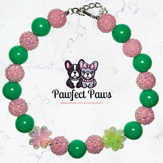 Blushing Clover* Pink & Green Shamrocks St Patrick’s Day Custom Beaded Dog/Cat Collar Necklace!