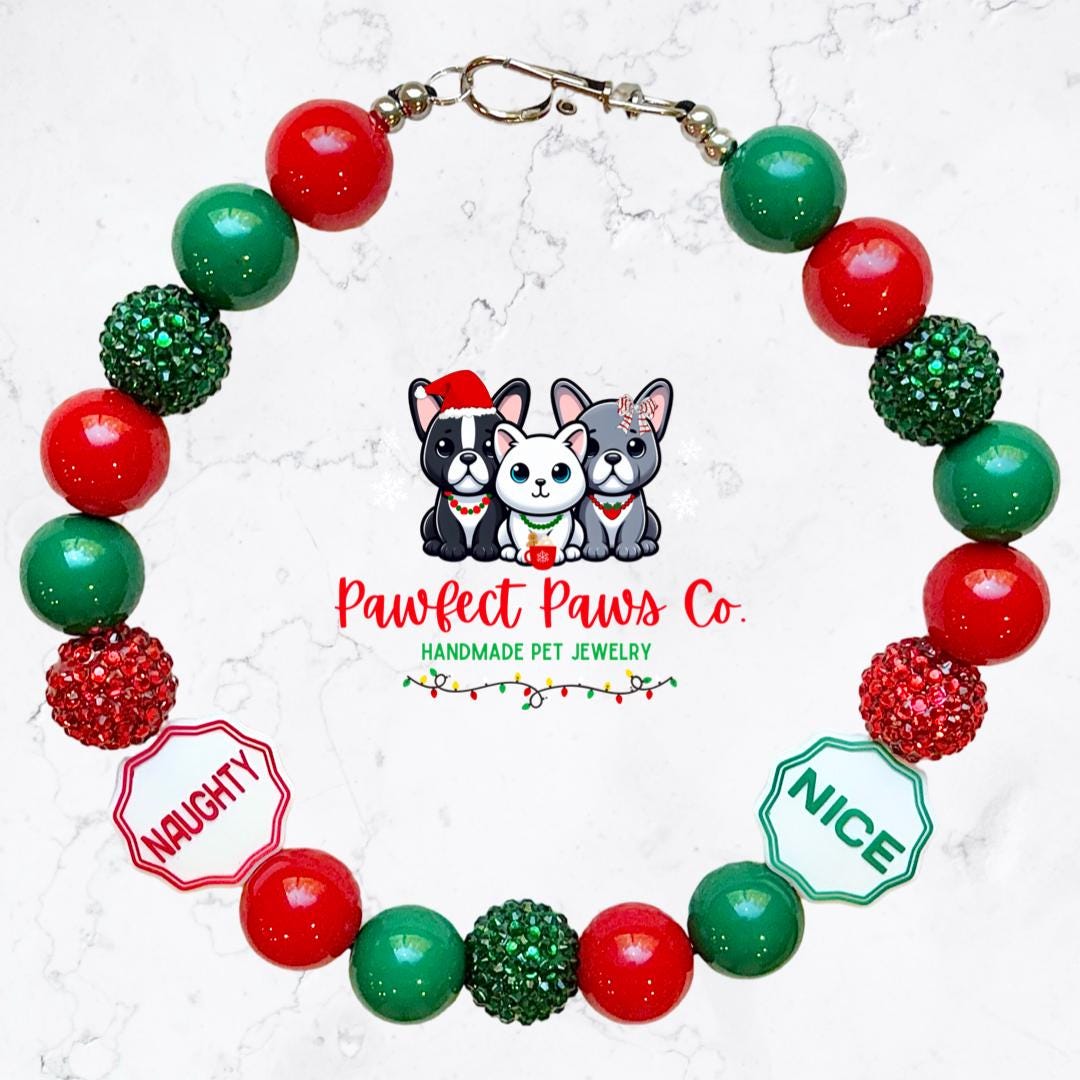 Naughty or Nice* Red & Green Sparkle Christmas List Custom Beaded Dog/Cat Necklace!