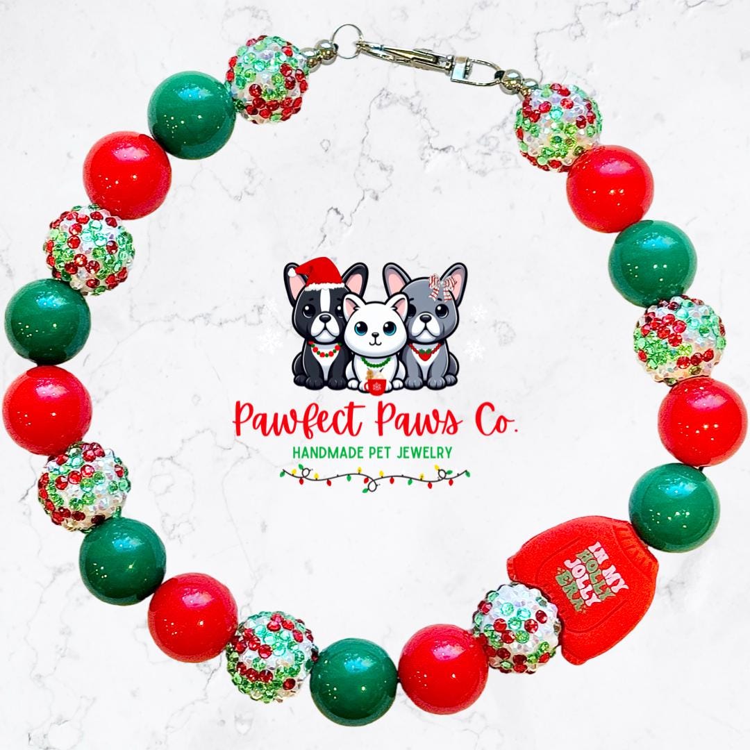 Holly Jolly Era* Red, Green & Gold Sparkle Bell Custom Beaded Dog/Cat Necklace!