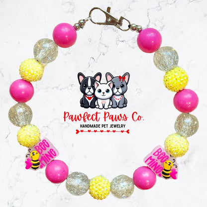 Bee Mine* Pink & Yellow Valentines Day Bees Custom Beaded Dog/Cat Necklace!