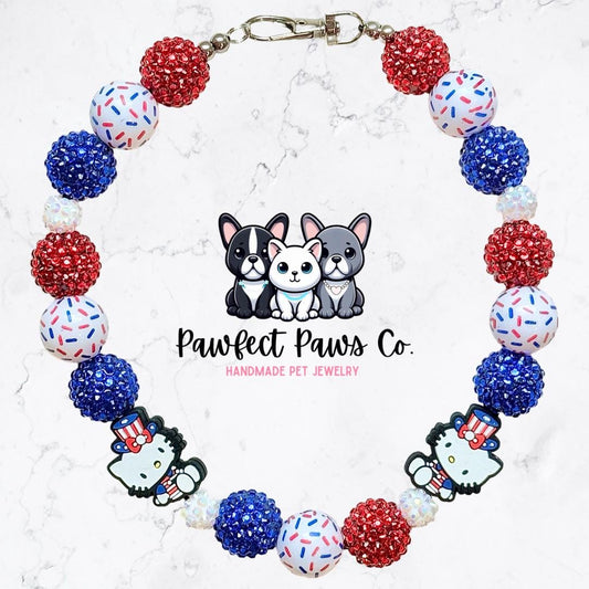 Hello Liberty* Red, White & Blue Patriotic USA Kitty Custom Beaded Dog/Cat Necklace!